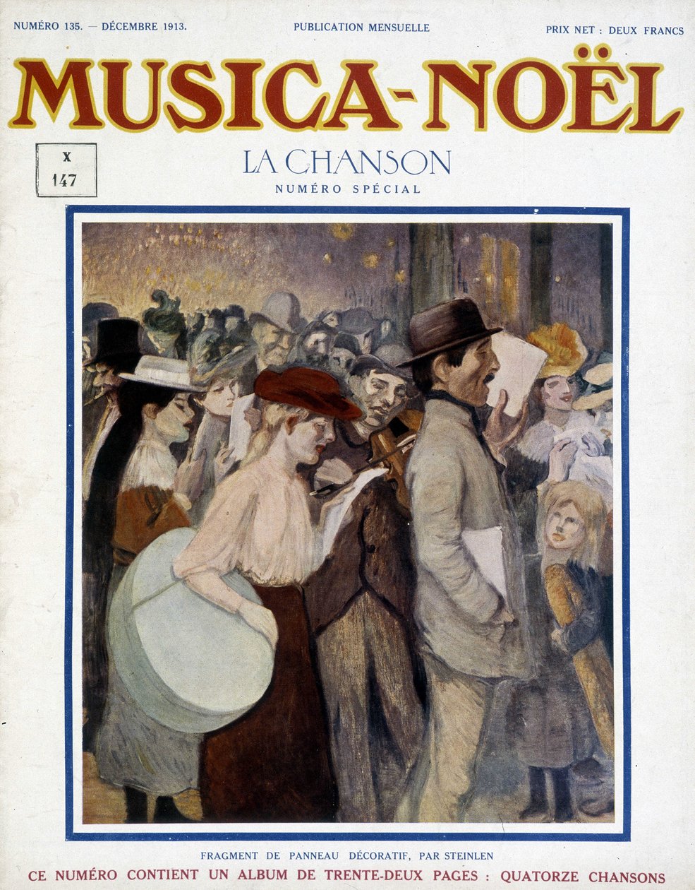 Zeitschrift „musica Noel“, Sonderausgabe Dezember 1913. Das Cover besteht aus einem Fragment eines dekorativen Panels von Steinlen von Théophile Alexandre Steinlen
