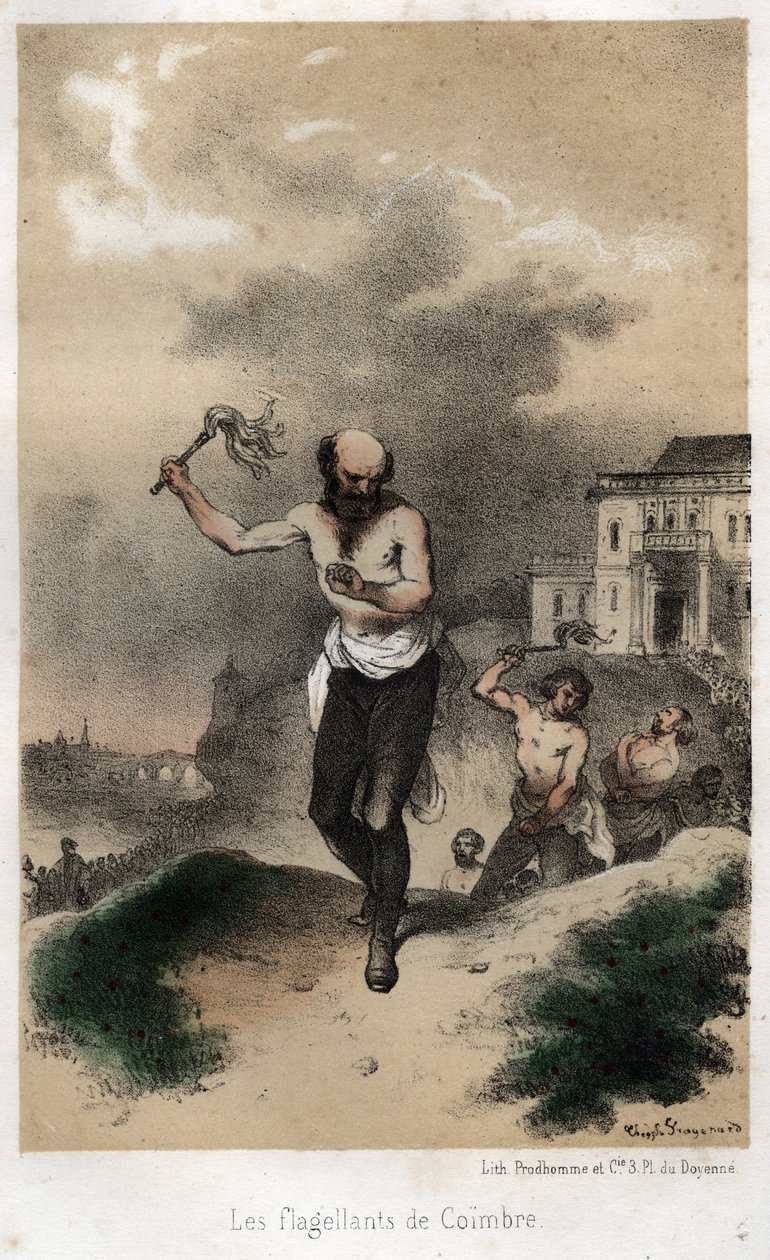 Die Geißler von Coimbra: Die Jesuiten von Coimbra in Portugal büßen öffentlich für ihre Sünden durch Auspeitschung um 1560. Gravur von 1845 in „Die dramatische und malerische Geschichte der Jesuiten von der Gründung des Ordens bis heute“ von Theophile Evariste Fragonard