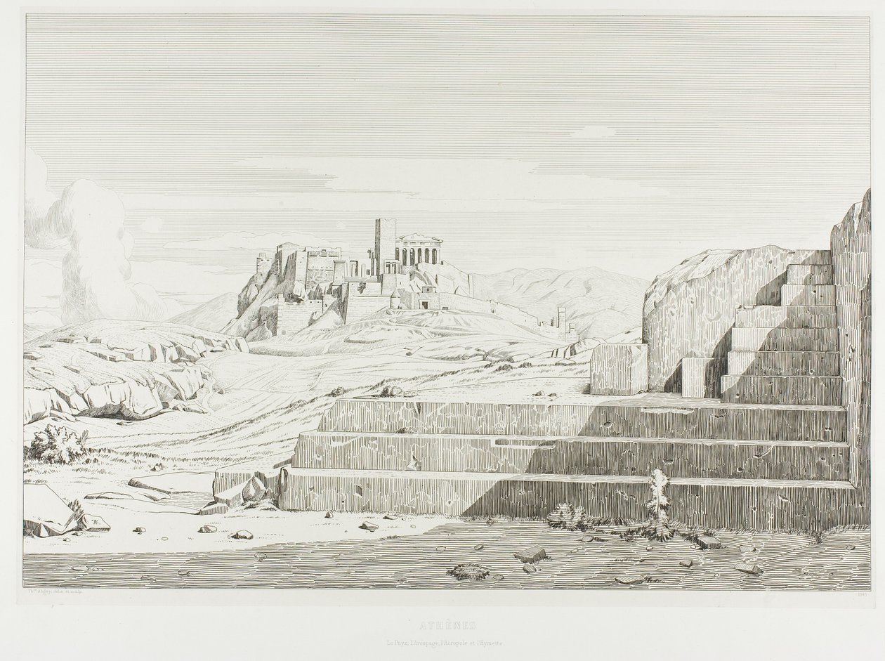 Die Akropolis, Athen: Die Pnyx, Areopag, Akropolis und Berg Hymmettos von Théodore Caruelle d
