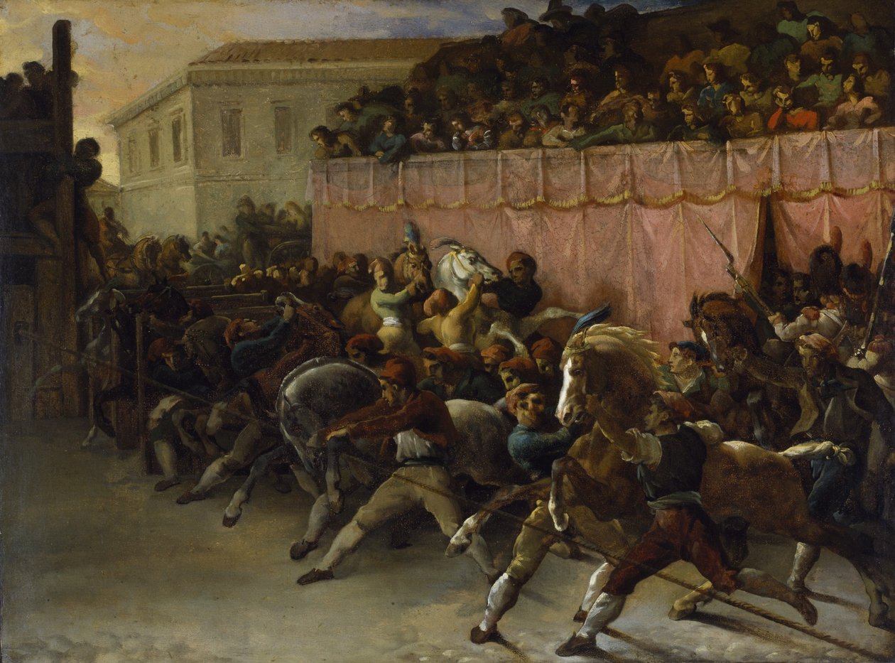 Reiterlose Rennpferde in Rom, 1817 von Theodore Gericault
