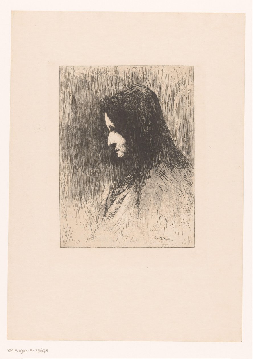 Büste einer alten Frau mit Kopftuch, von der Seite gesehen von Théodule Augustin Ribot