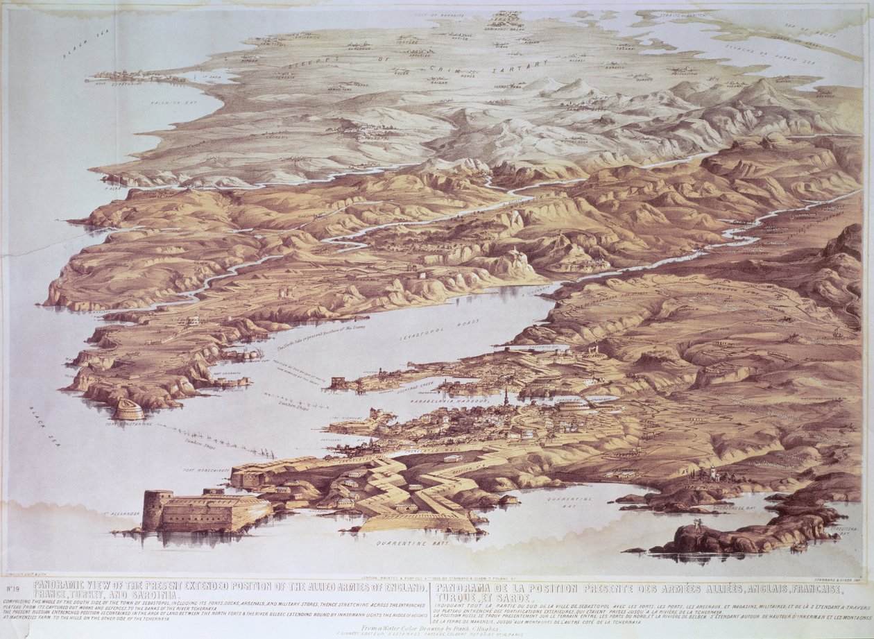 Panoramablick auf die gegenwärtige erweiterte Position der alliierten Armeen von England, Frankreich, der Türkei und Sardinien, nach einer Aquarellzeichnung von Frank C. Hughes, veröffentlicht von Stannard und Dixon, 1855 von Thomas Packer