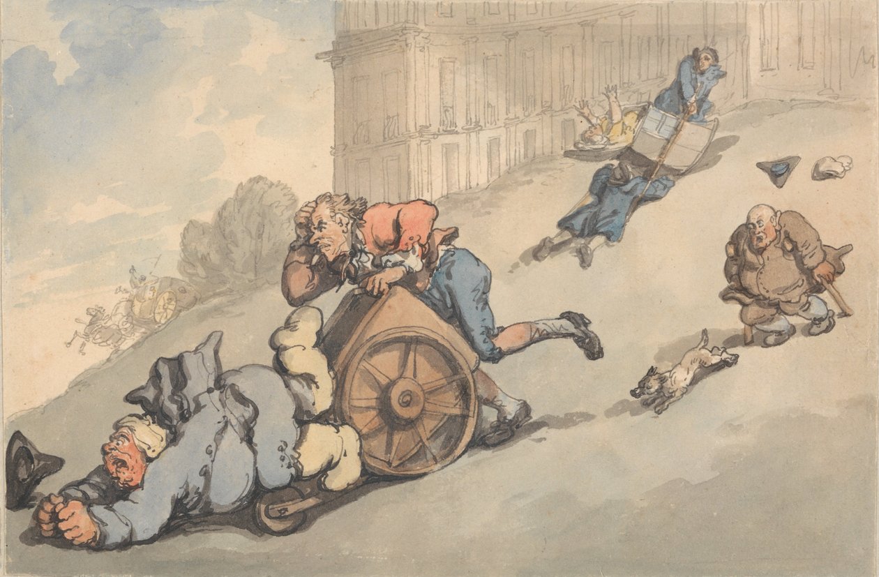 Komfort von Bath: Gichtkranke Personen fallen auf steilem Hügel von Thomas Rowlandson