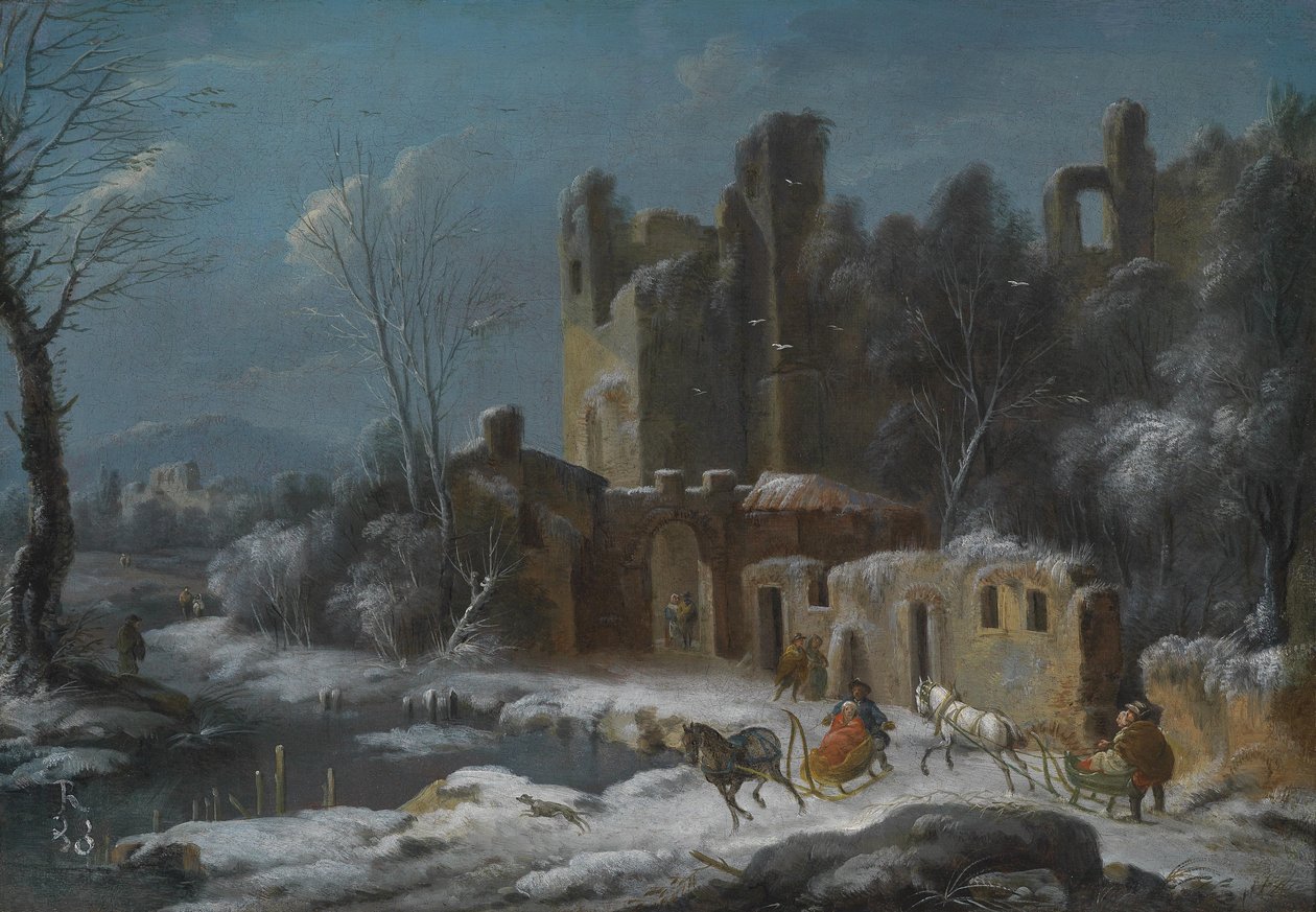 Eine Winterlandschaft mit Reisenden in Pferdeschlitten vor Ruinen von Thomas Wijck