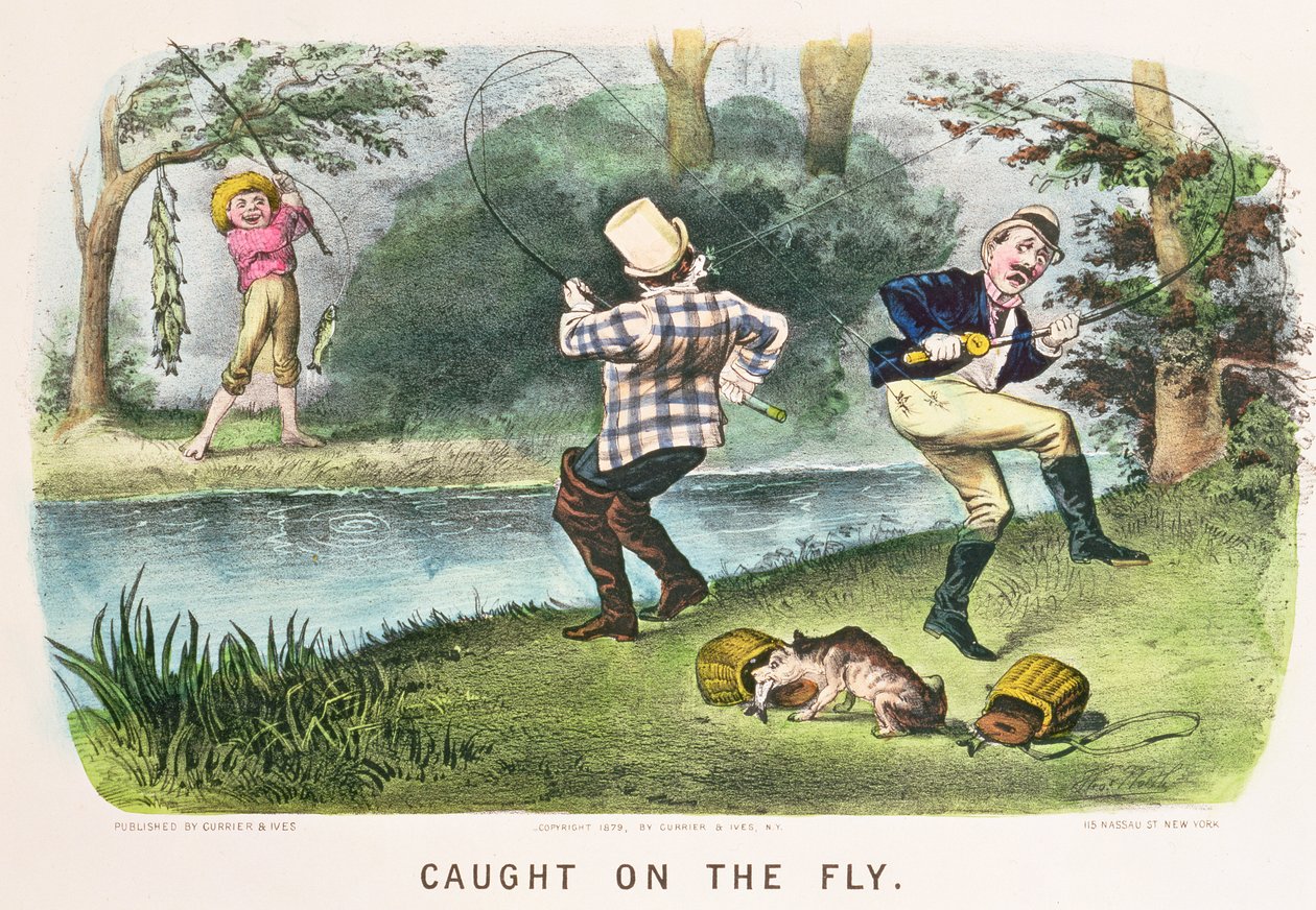 Gefangen im Flug, veröffentlicht von Currier und Ives, New York, 1879 von Thomas Worth