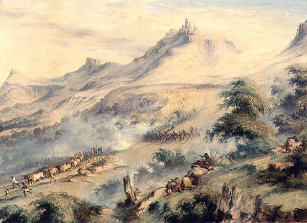 Eine Patrouille unter dem Kommando von Captain Fisher, angegriffen von Macomas Kaffern in Van Beulens Hoek Kat River, ca. 1846 von Thomas Baines