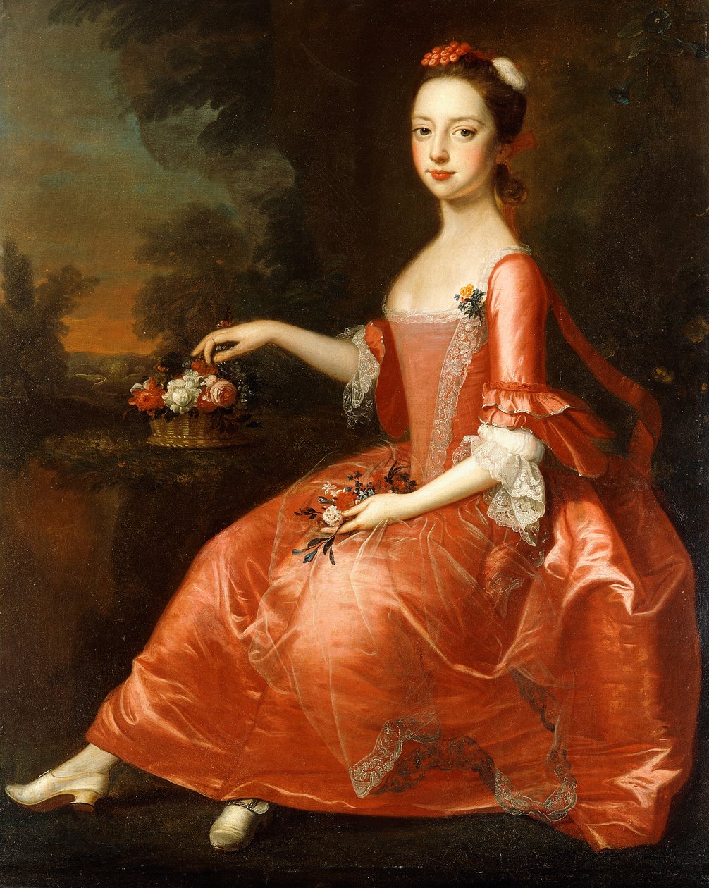 Porträt einer jungen Dame, sitzend in voller Länge, in einem roten Kleid von Thomas Bardwell