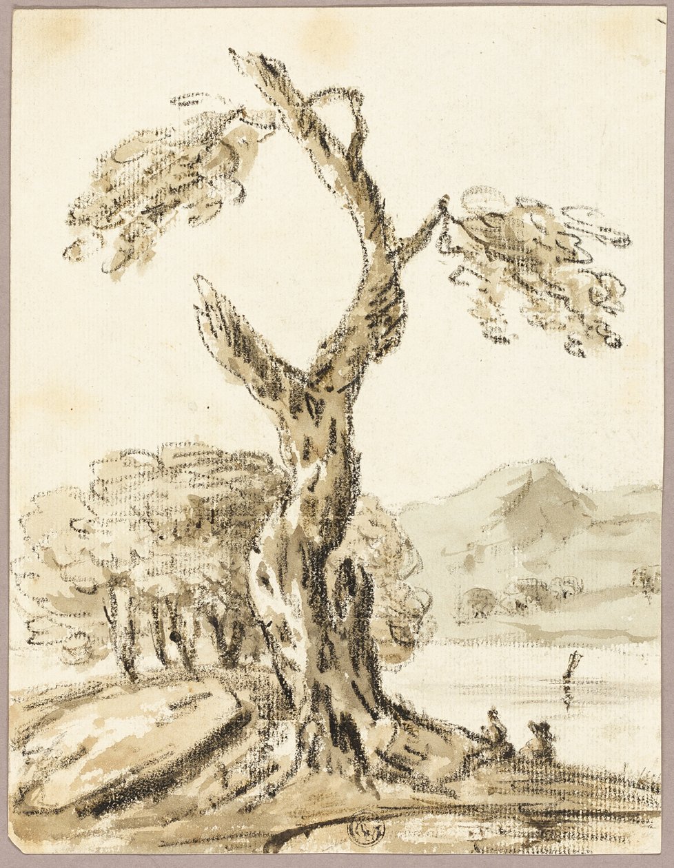 Großer Baum mit See und Bergen im Hintergrund von Thomas Barker