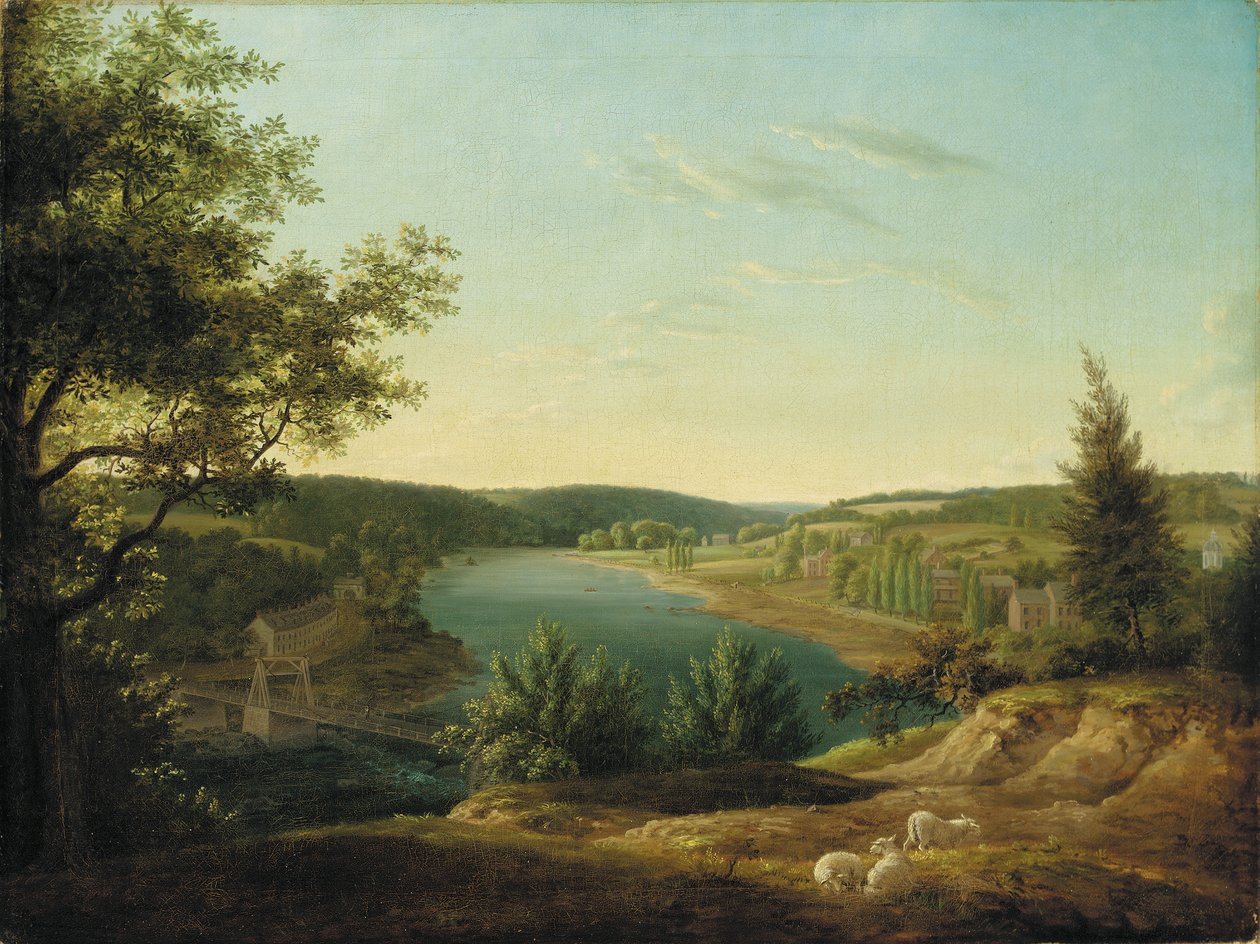 Ansicht der Kettenbrücke und Wasserfälle des Schuylkill, fünf Meilen von Philadelphia von Thomas Birch