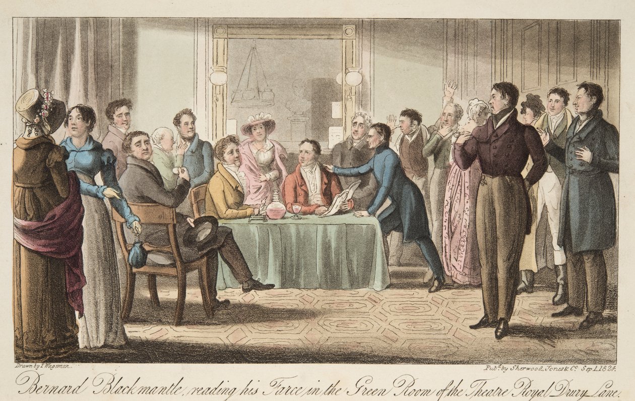 Bernard Blackmantle liest seine Farce im Green Room des Covent Garden Theatre, aus The English Spy, veröffentlicht 1824 von Thomas Charles Wageman