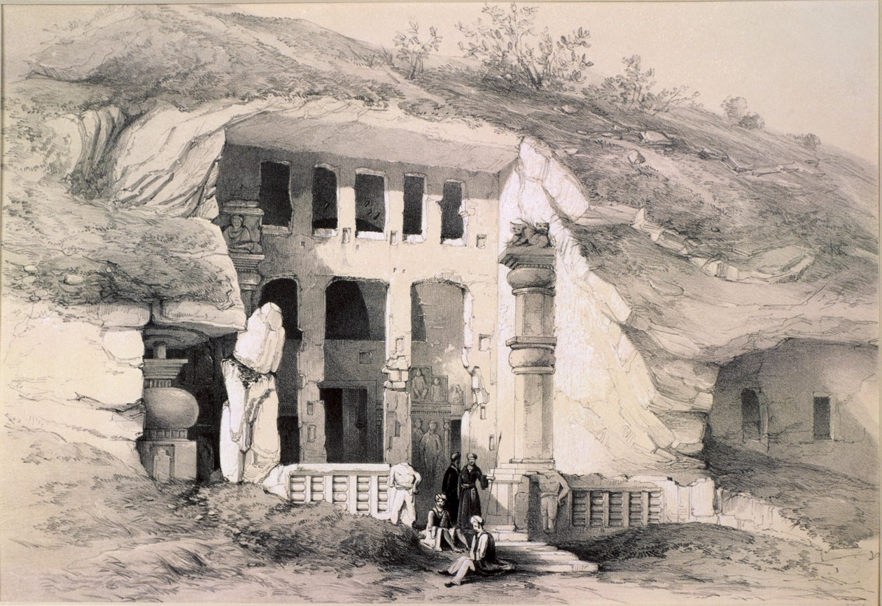 Kannari, Außenansicht der Großen Chaitya-Höhle, 1845 von Thomas Colman Dibdin