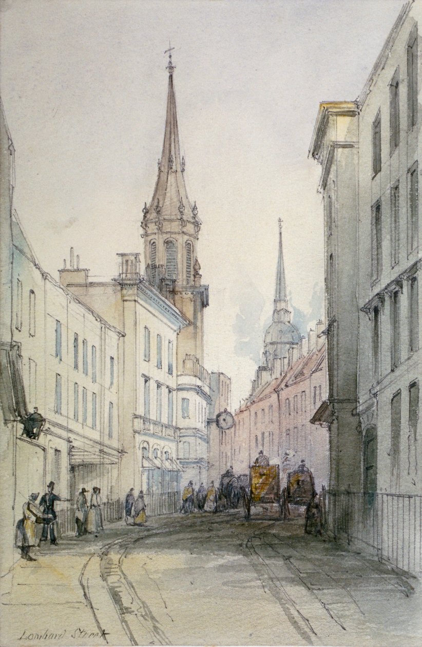 Blick entlang der Lombard Street, Blick nach Osten, mit Figuren und Kutschen, City of London, 1851 von Thomas Colman Dibdin