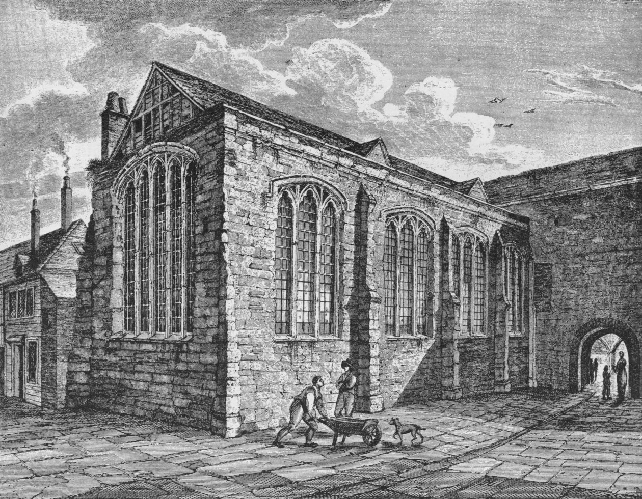 Nordostansicht der Kapelle der Heiligen Dreifaltigkeit, Leadenhall, City of London, um 1825 von Thomas Dale