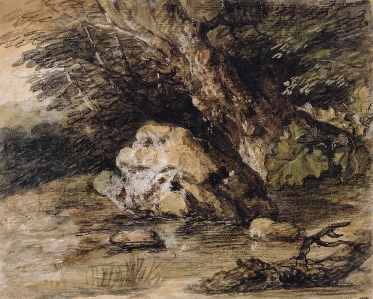 Hügelige Landschaft mit Figuren, die sich einer Brücke nähern, ca. 1763 von Thomas Gainsborough