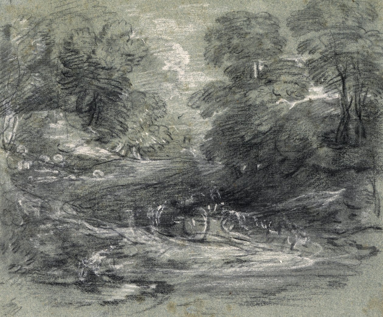 Landschaft mit Bauernwagen auf einem gewundenen Weg zwischen Bäumen von Thomas Gainsborough