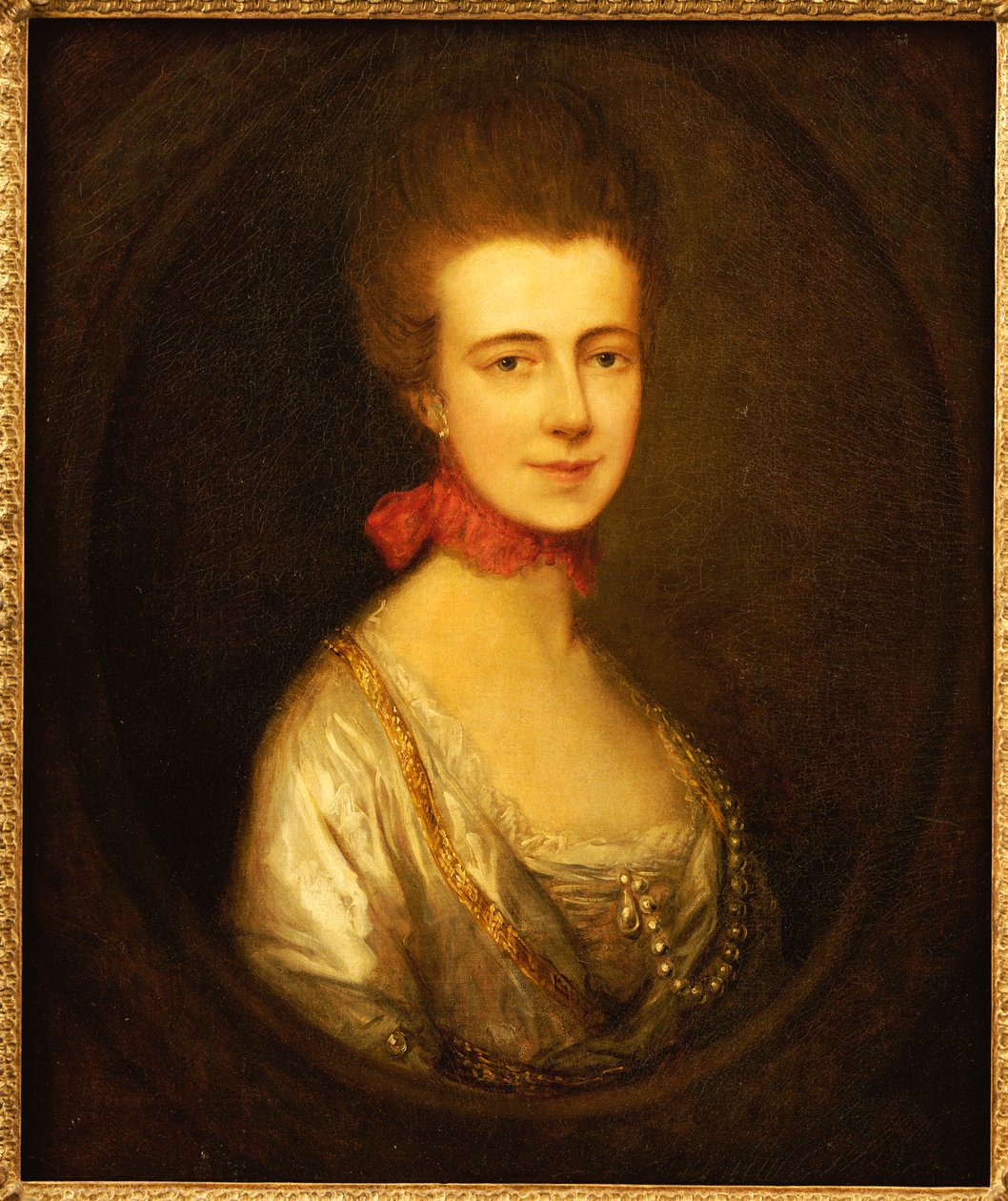 Porträt von Miss Boone, in einem weißen Kleid mit goldener Stickerei und Perlenkette, ein rotes Band um den Hals von Thomas Gainsborough