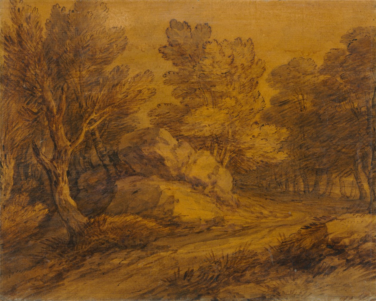 Szene mit einer Straße, die durch einen Wald führt, ca. 1770 von Thomas Gainsborough