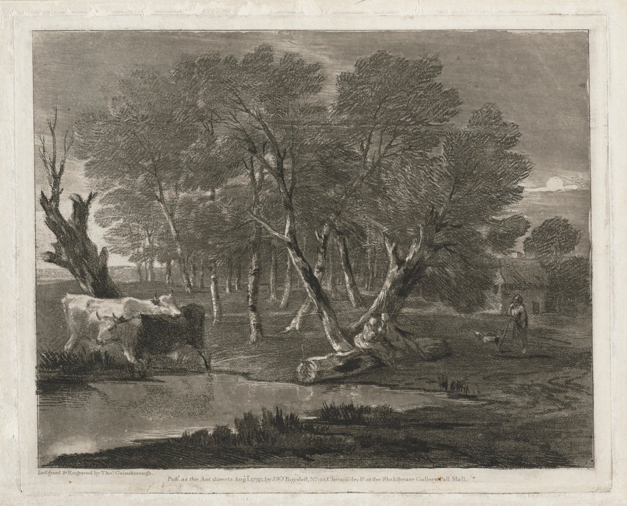 Waldlandschaft mit Kühen an einem Teich, Figuren und Hütte, veröffentlicht 1797 von Thomas Gainsborough