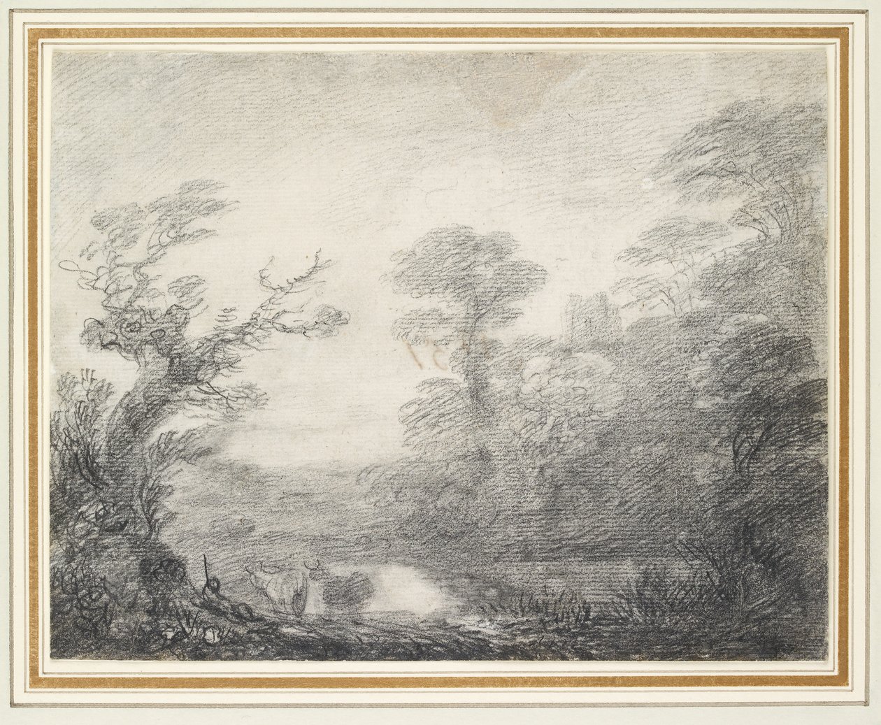 Waldlandschaft mit Hirten, Kühen und Kirchturm von Thomas Gainsborough