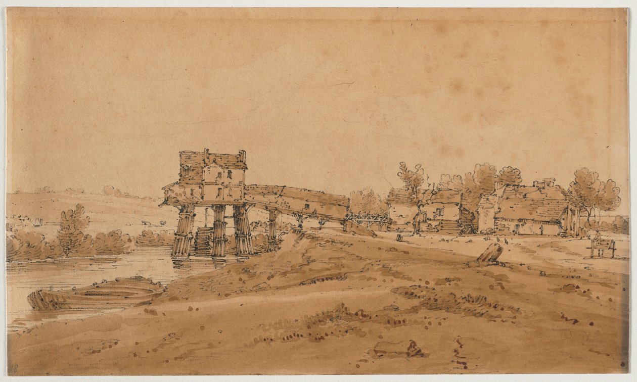 Eine Auswahl von zwanzig der malerischsten Ansichten in Paris: Die Wassermühle oberhalb der Brücke von Charenton von Thomas Girtin