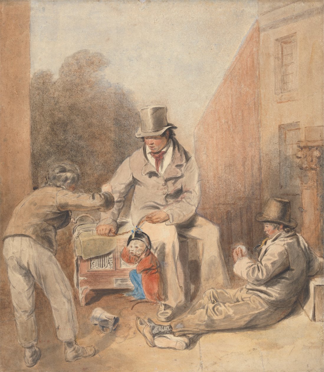 Mann und Kinder mit einem Leierkasten und einem Affen von Thomas Heaphy