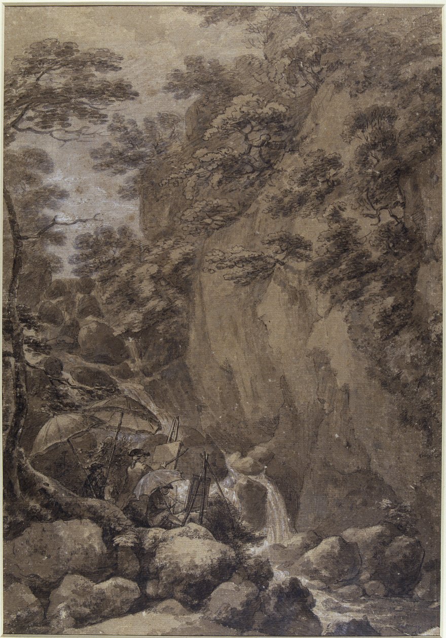 Sir George Beaumont und Joseph Farington malen einen Wasserfall, 1777 von Thomas Hearne