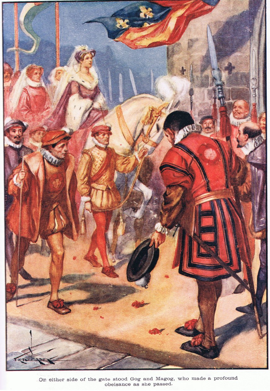 Auf beiden Seiten des Tores Gog und Magog, die eine tiefe Verbeugung machten, als sie vorbeiging von Thomas Heath Robinson