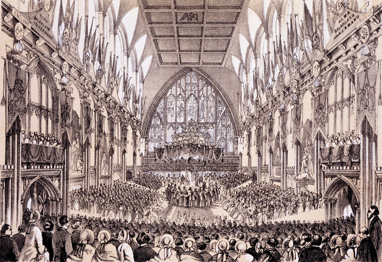 Innenansicht der Guildhall - Der Lord Mayor und die Corporation überreichen ihre Adresse an den Kaiser und die Kaiserin von Frankreich, 19. April 1855 von Thomas Hosmer Shepherd
