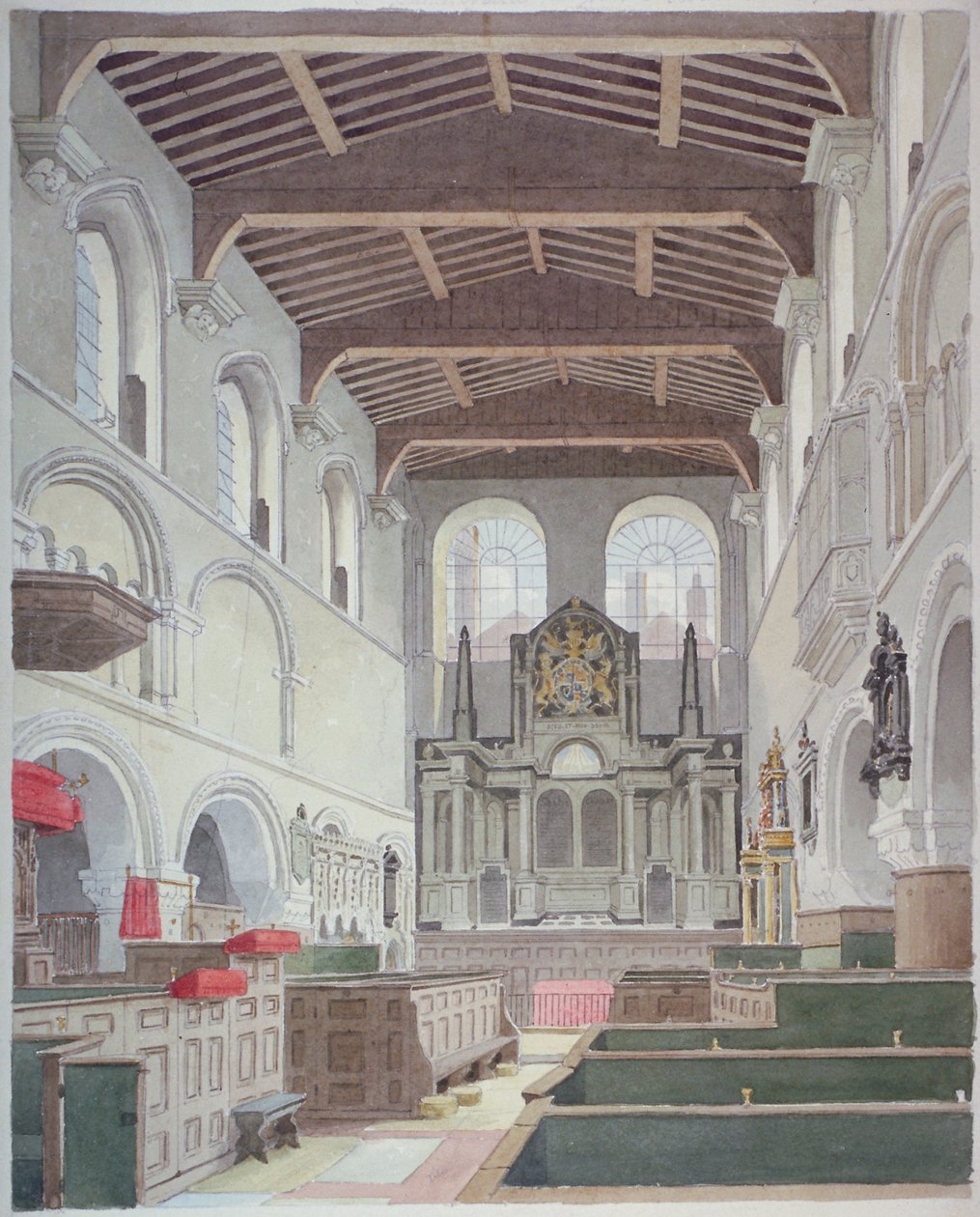 Innenansicht der Kirche St. Bartholomew-the-Great, Smithfield, City of London, 1821 von Thomas Hosmer Shepherd