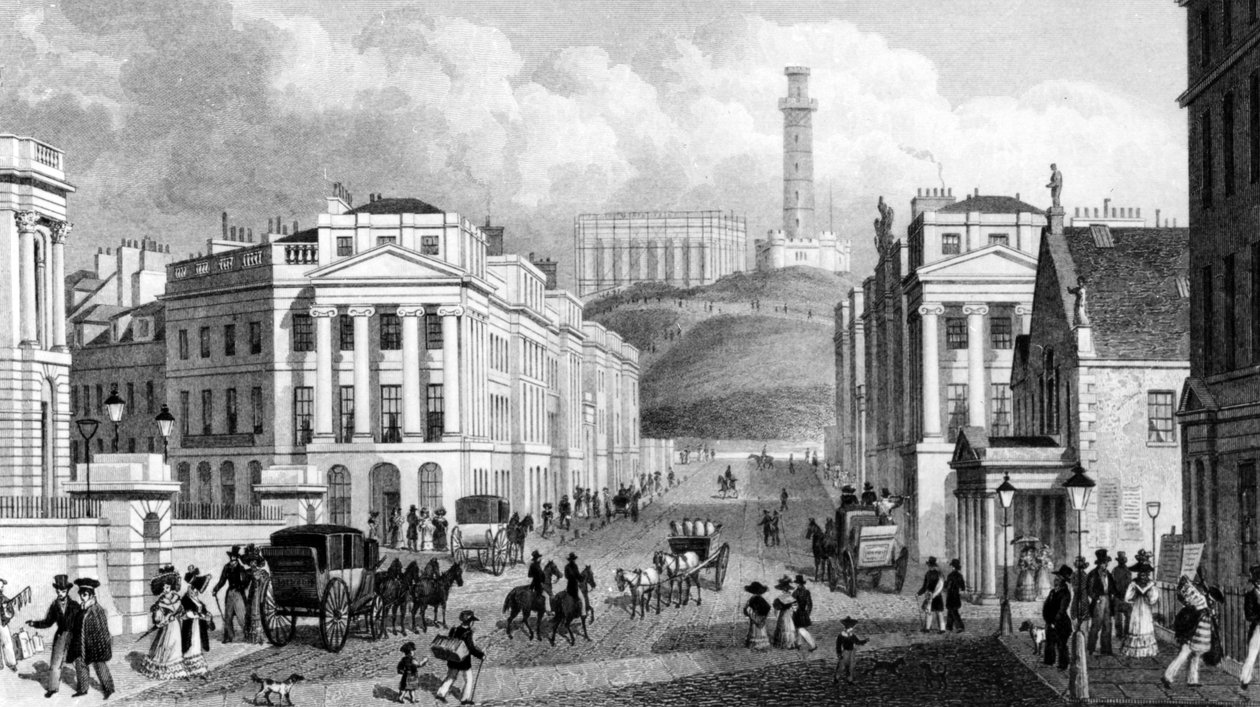 Waterloo Place, die National- und Nelson-Denkmäler und Calton Hill, Edinburgh, graviert von Thomas Barber, 1829 von Thomas Hosmer Shepherd
