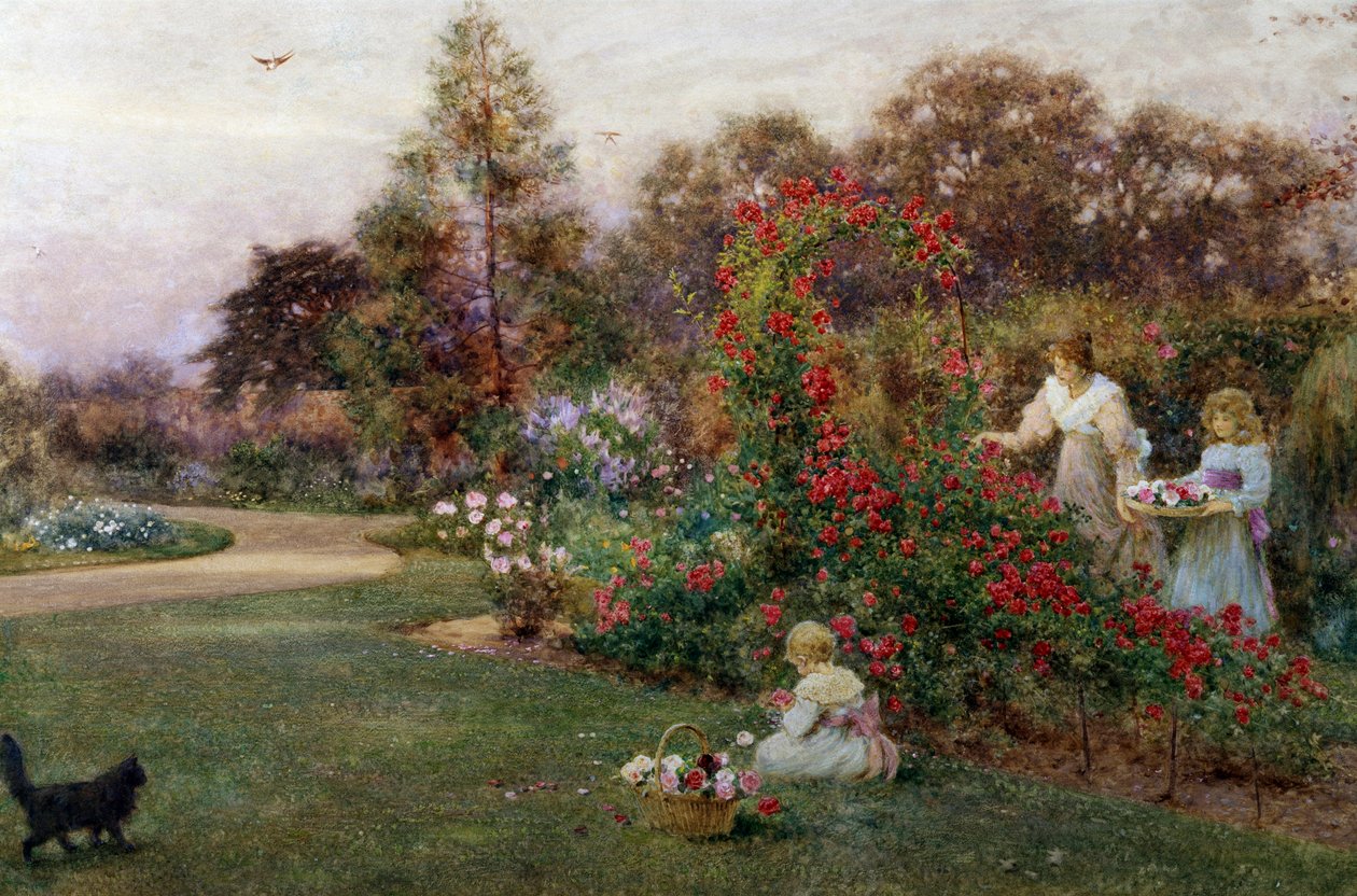 Im Garten des Künstlers, Yapton, Sussex. Eine Mutter und ihre zwei Kinder pflücken Rosen in einem Garten. Gemälde von Thomas James Lloyd (1849-1910 Britisch) Privatsammlung von Thomas James Lloyd