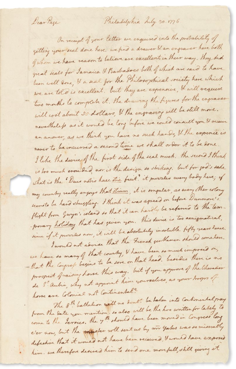 Autographenbrief an John Page, Philadelphia, 30. Juli 1776 von Thomas Jefferson