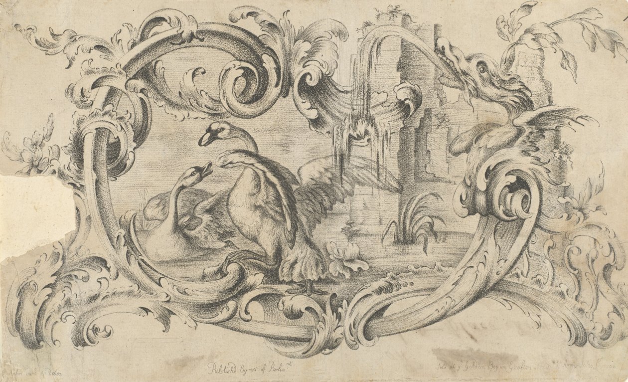 Entwurf für eine Tafel für ein Kaminstück mit zwei kämpfenden Schwänen, umgeben von einer Schriftrolle, 1762 von Thomas Johnson