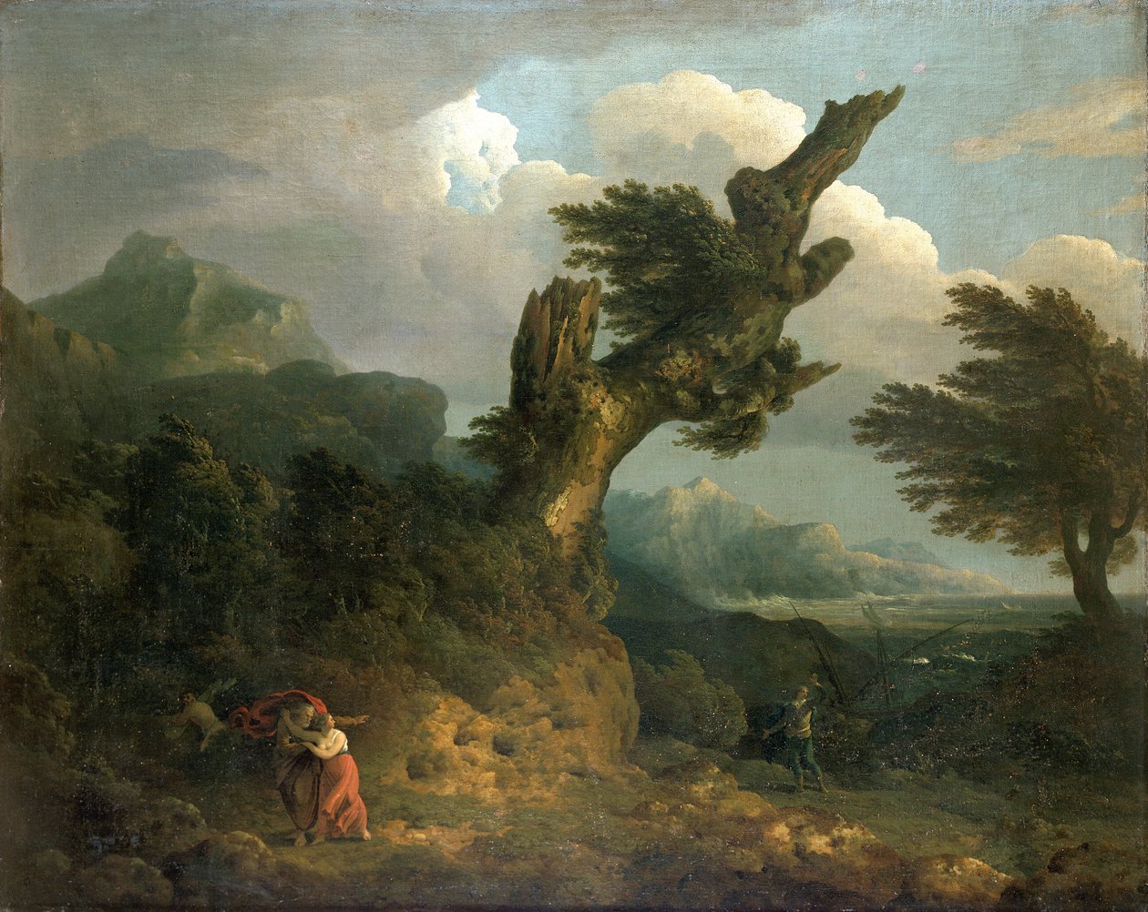 Ein Sturm - Prospero, Miranda und Caliban beobachten den gestrandeten Ferdinand, 1778 von Thomas Jones
