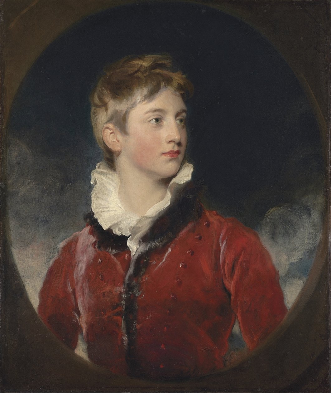 Porträt von Frederick William Stewart, 4. Marquess of Londonderry, K.P., M.P. (1805-1872) als Junge, Halbfigur, in einer roten Jacke, in einem angedeuteten Oval von Thomas Lawrence