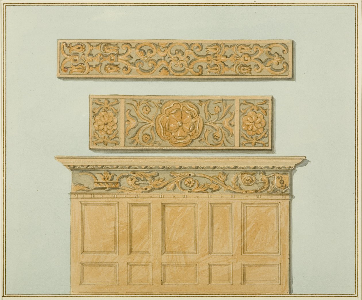 Teile der Vertäfelung und des Frieses im Langton Mansion, auf der Rückseite von Thomas Leeson the Elder Rowbotham