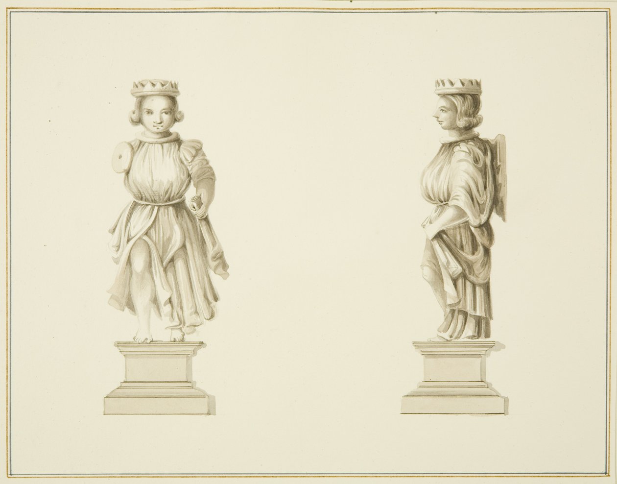 Zwei Ansichten einer geschnitzten Holzfigur im Vestraum der St John