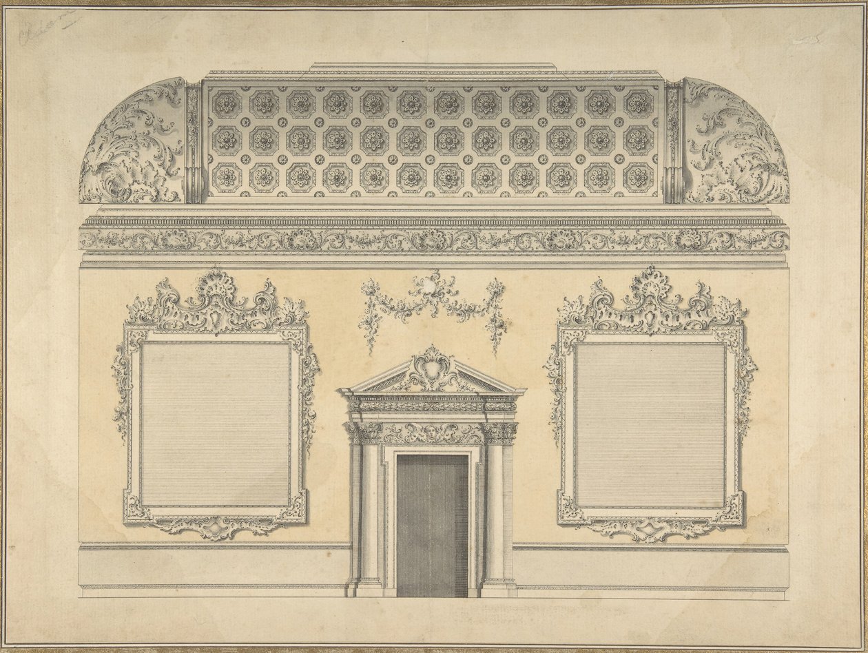 Entwurf für einen Abschnitt eines Rokoko-Zimmers mit einem gewölbten Decken und verzierten korinthischen Säulen, ca. 1750 von Thomas Lightoler.