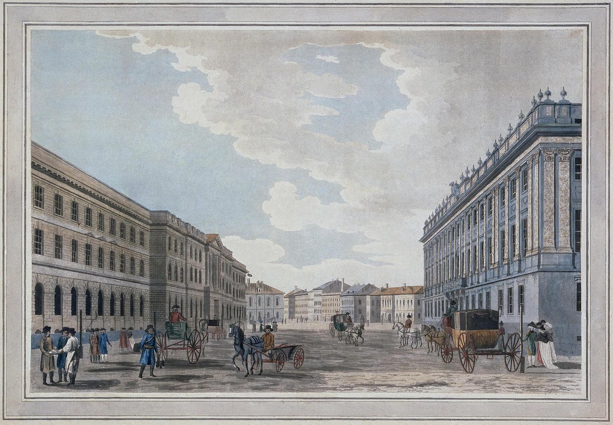 Blick auf die Millionnaya-Straße und den Marmorpalast durch das Marsfeld, 1790 von Thomas Malton the Elder