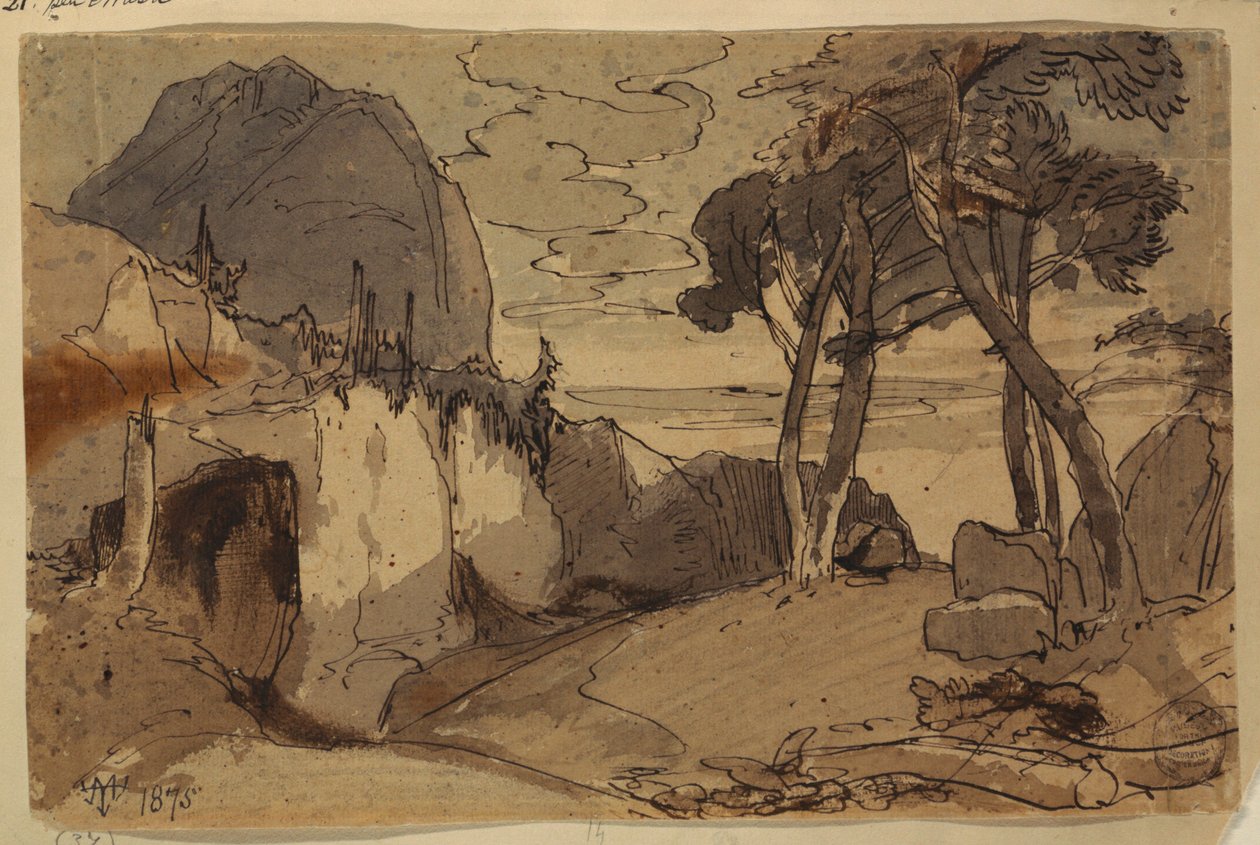Zeichnung, Straße in einer Berglandschaft, 1875 von Thomas Moran