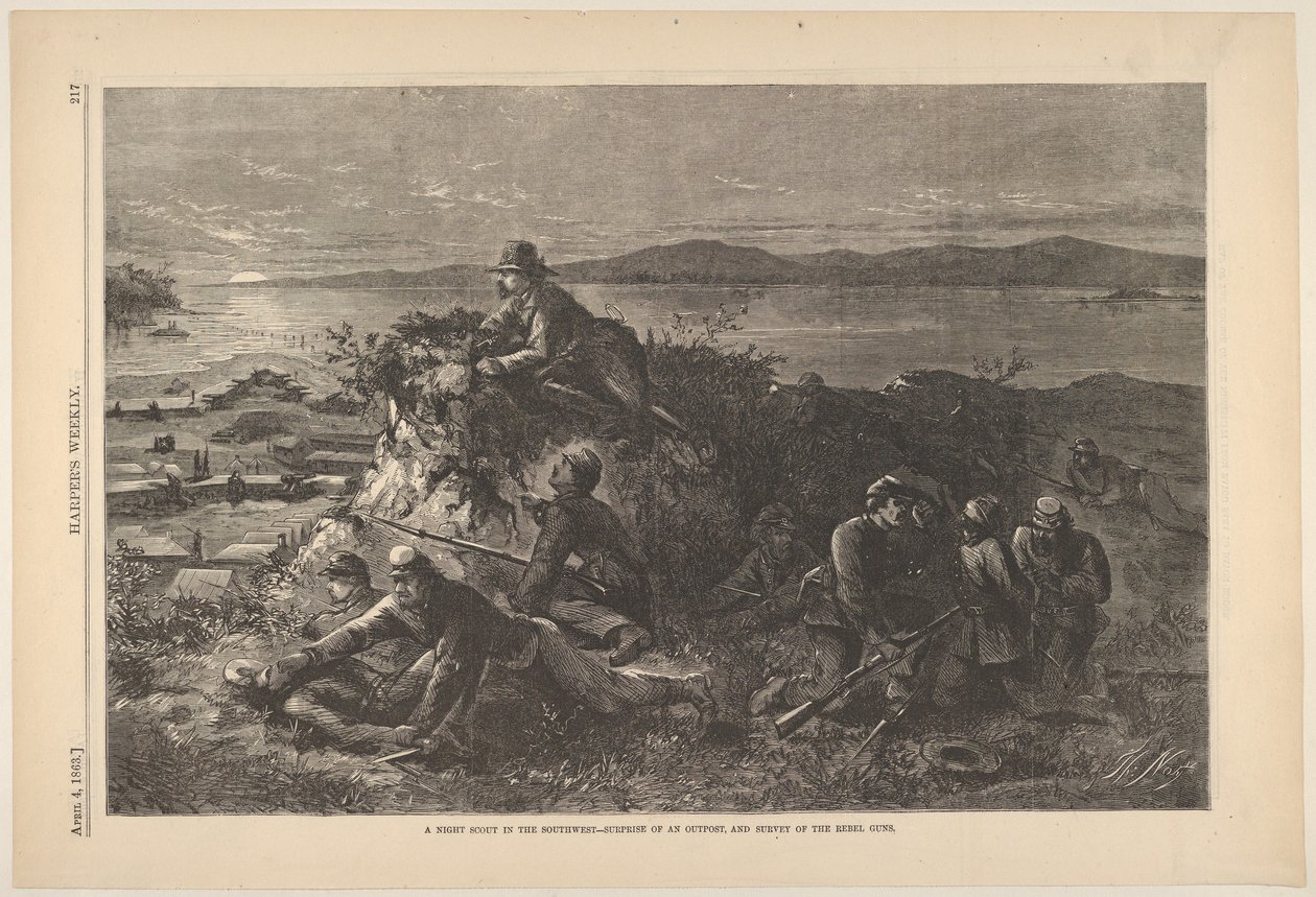 Ein Nachtspäher im Südwesten - Überraschung eines Außenpostens und Erkundung der Rebellen..., 4. April 1863 von Thomas Nast