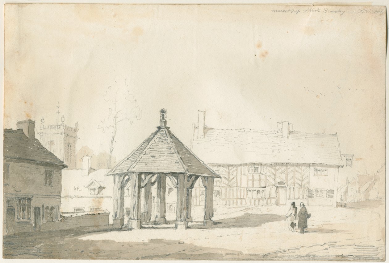 Abbots Bromley Tudor - Marktkreuz und Haus (Bleistift- und Waschzeichnung) von Thomas Peploe Wood