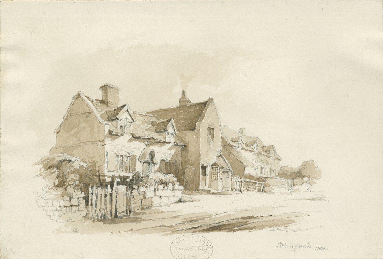Häuser in Little Haywood: Bleistift- und Waschzeichnung von Thomas Peploe Wood