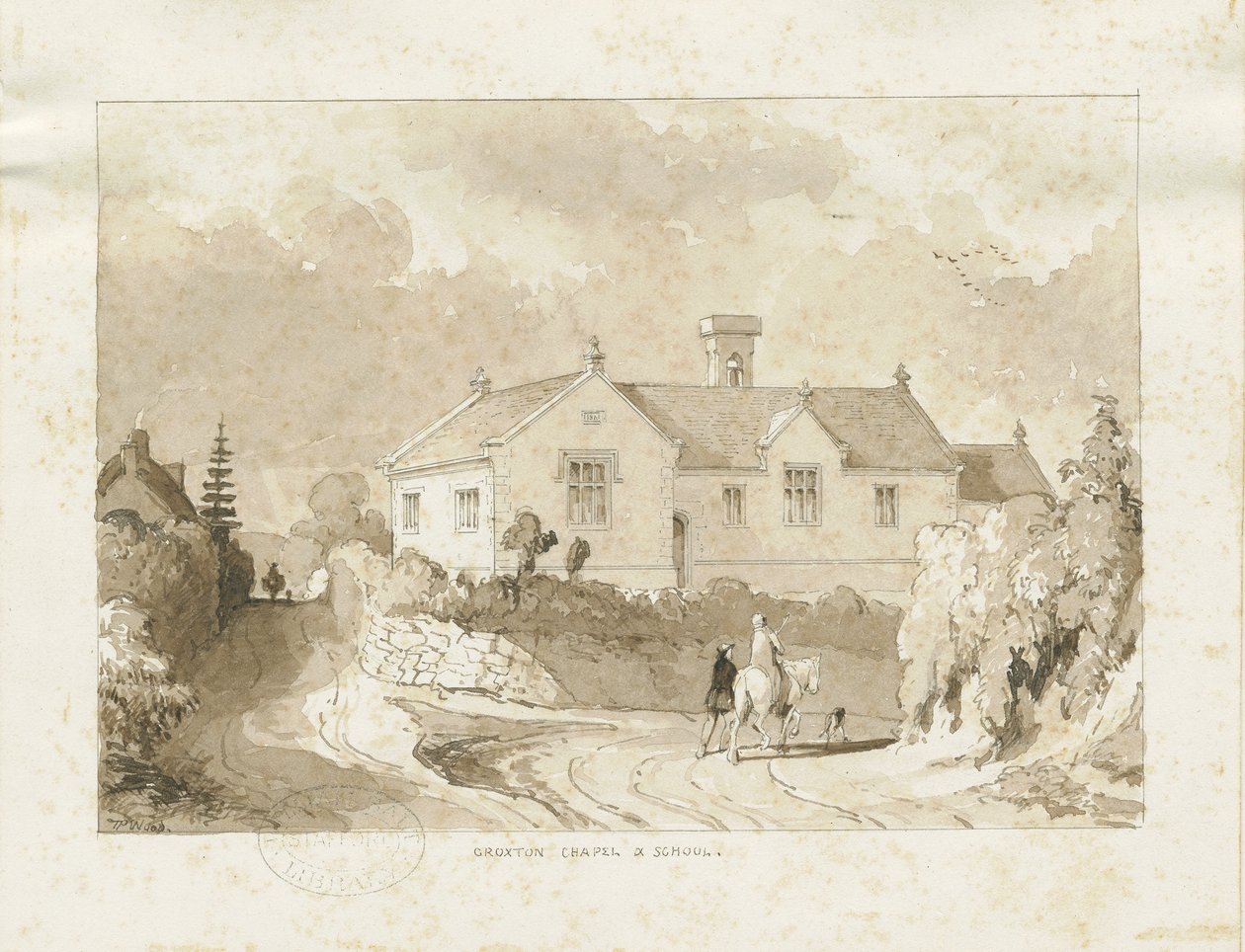 Croxden - Kapelle und Schule: Sepia-Waschzeichnung von Thomas Peploe Wood