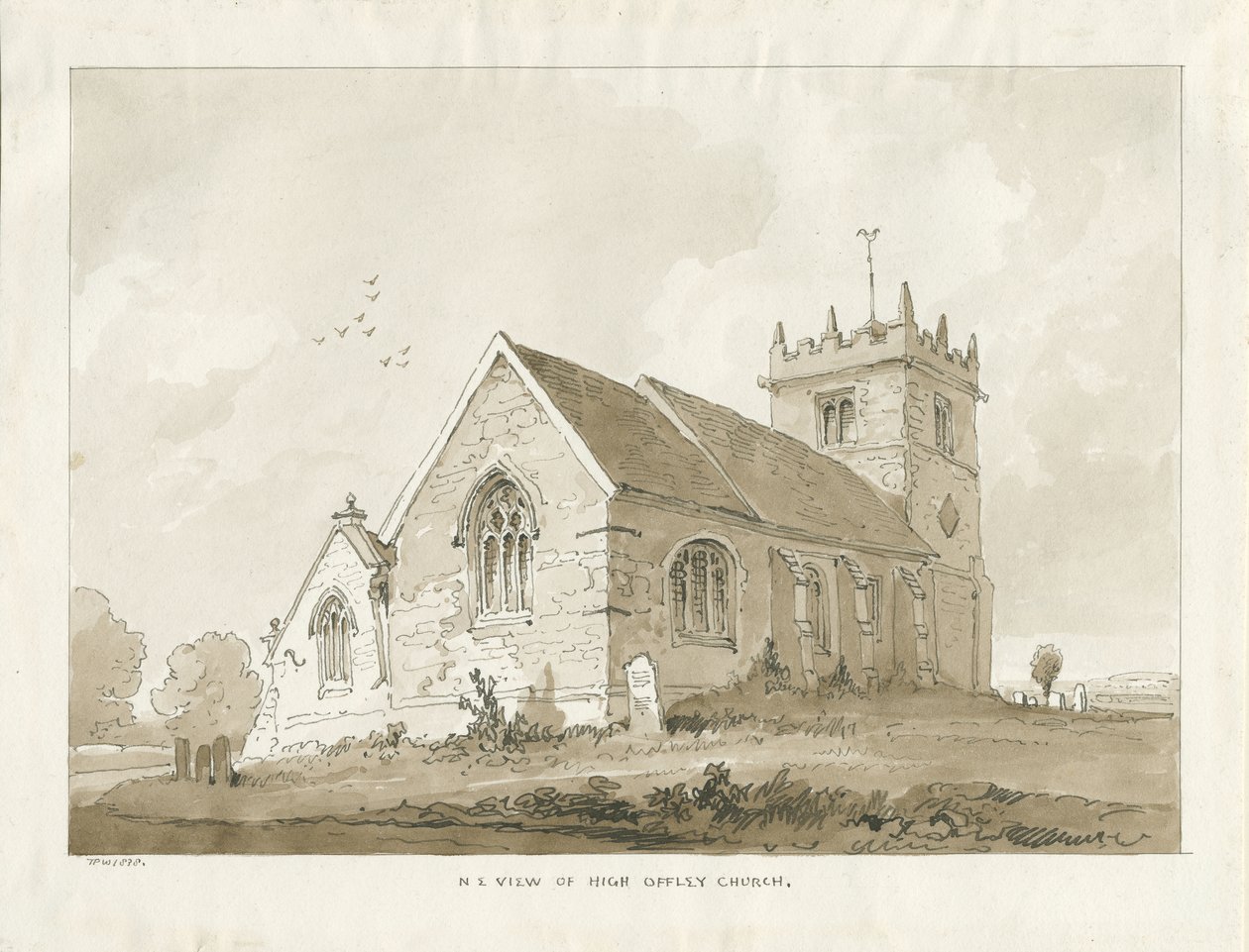 High Offley Kirche: Sepia-Zeichnung von Thomas Peploe Wood