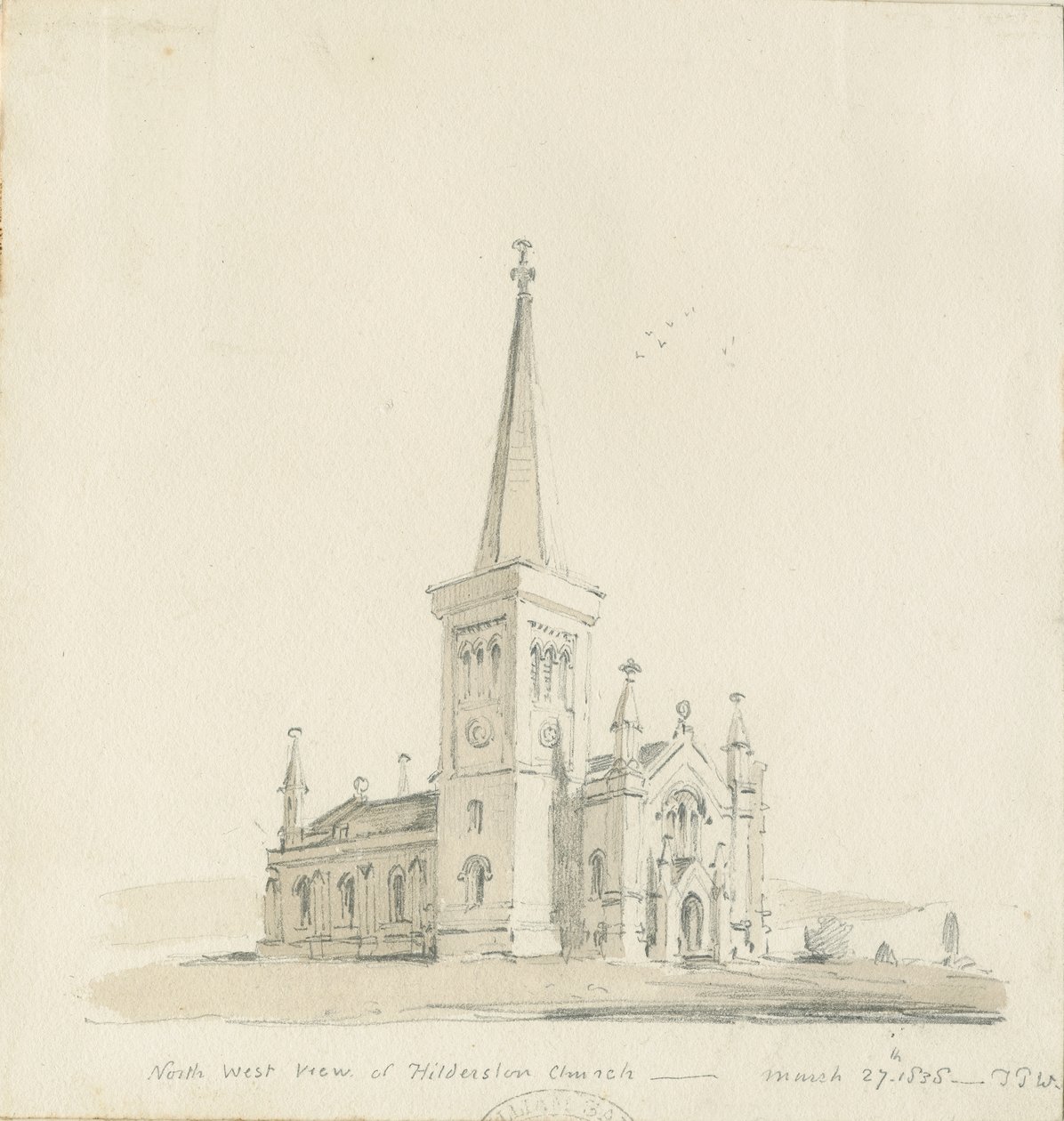 Hilderstone Kirche: Bleistift- und Waschzeichnung von Thomas Peploe Wood