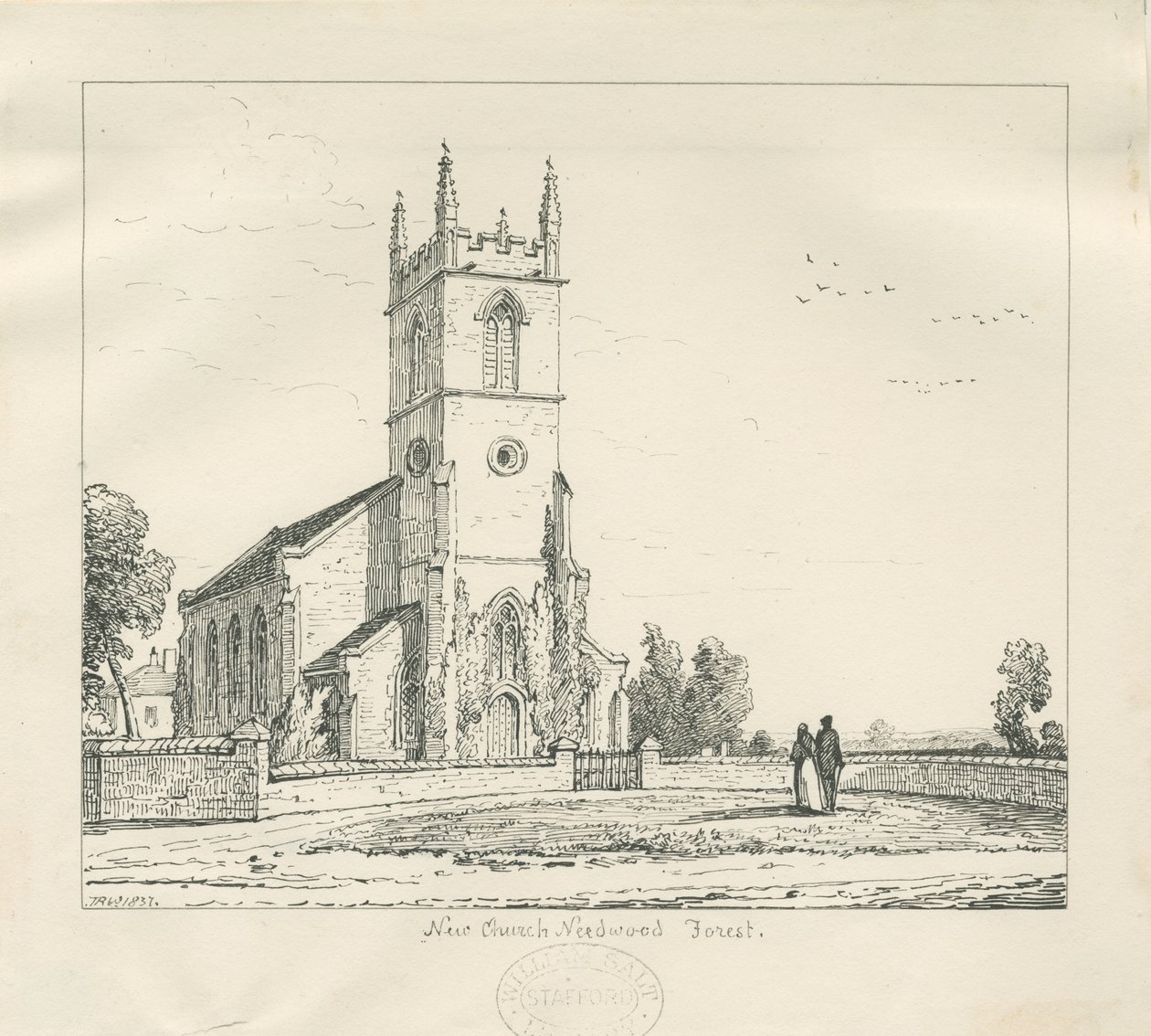 Needwood - "Neue Kirche": Federzeichnung, 1837 von Thomas Peploe Wood