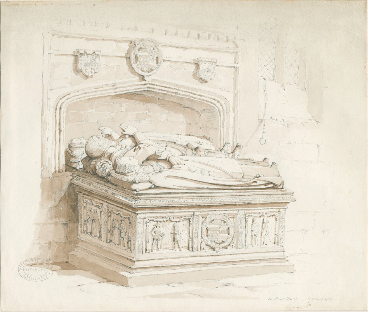 Stowe Church - Tischgrab [von Sir Walter Devereux]: Sepia-Zeichnung von Thomas Peploe Wood