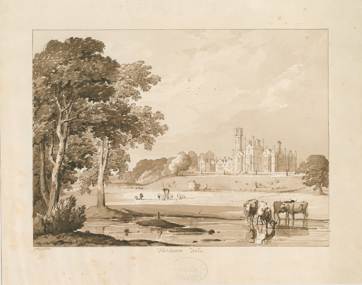 "Thickbroom Hall" [Manley Hall]: Sepia-Waschzeichnung, 1837 von Thomas Peploe Wood
