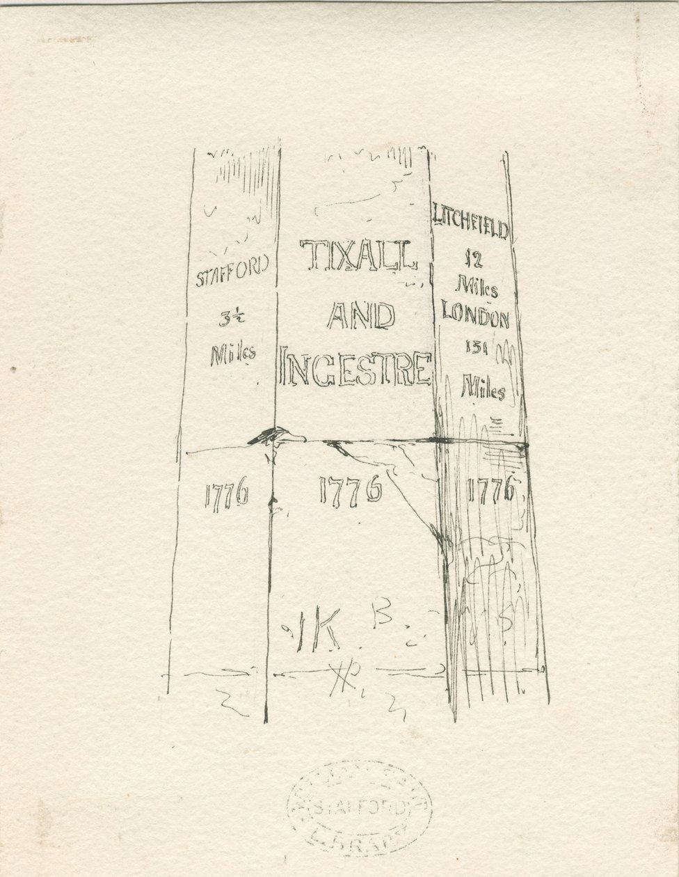 Tixall - Steinsäule mit Entfernungsangaben: Feder- und Tintenzeichnung, undatiert [Mitte 19. Jh.] von Thomas Peploe Wood
